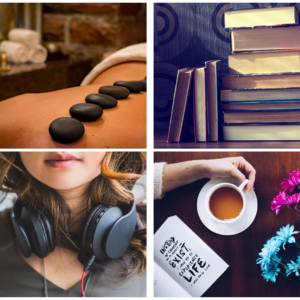 Images of massage, books, headphones, tea and a planner - as gift ideas for holidasy