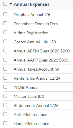 YNAB Budget Category - Annual Expenses