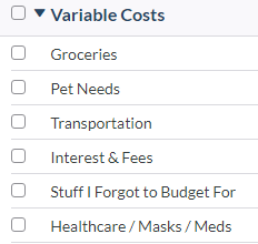 YNAB Budget Category - Variable Costs